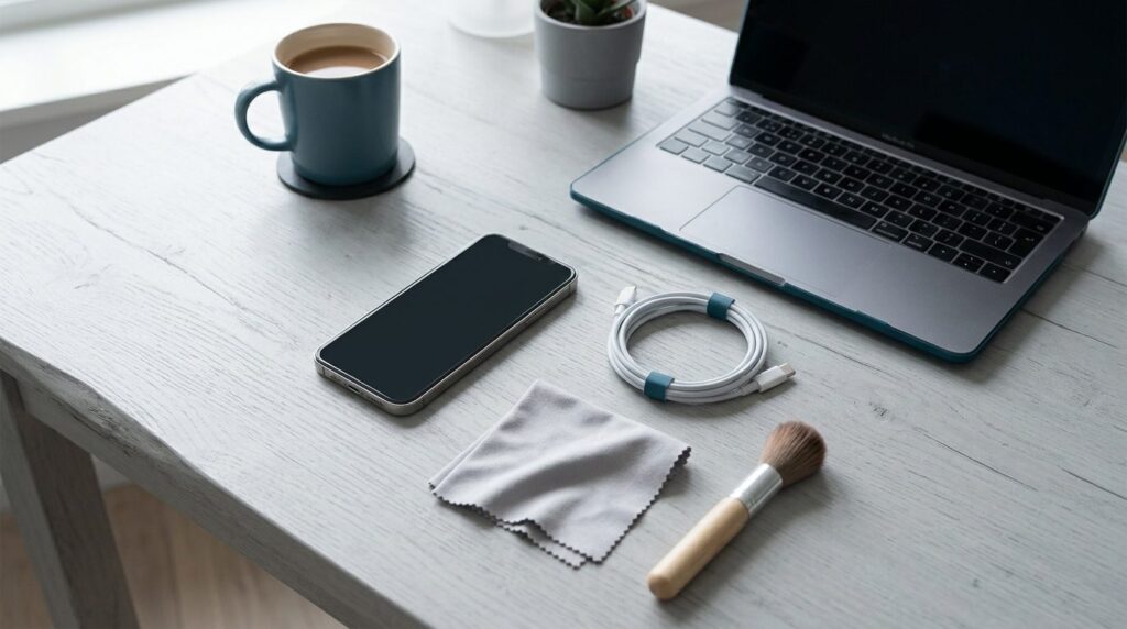 Smartphone med mørk skærm ligger på grå skrivebord sammen med hvidt laderkabel, mikrofiber-klud og lille børste ved siden af